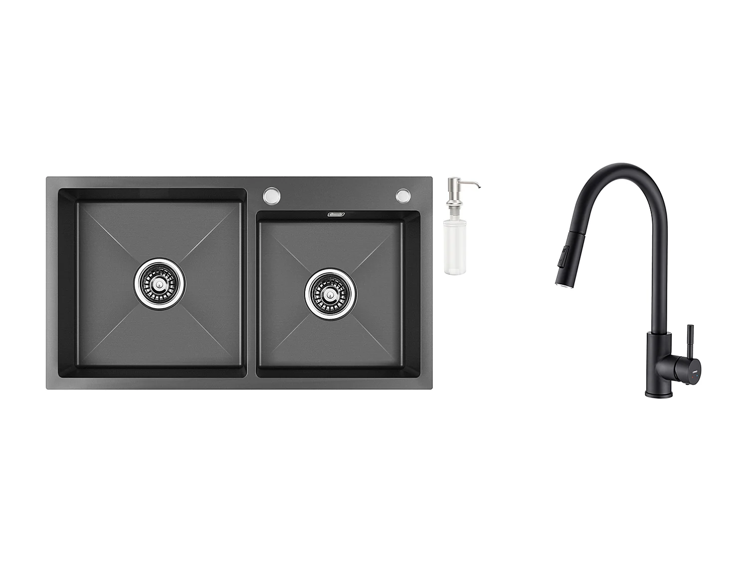 2 en 1 Évier Cuisine 2 Bacs,75x45x19cm, Encastré/ à Poser avec Distributeur Savon+Robinet Cuisine Noir,Extractible Rotatif 360 °, 2 Fonctions