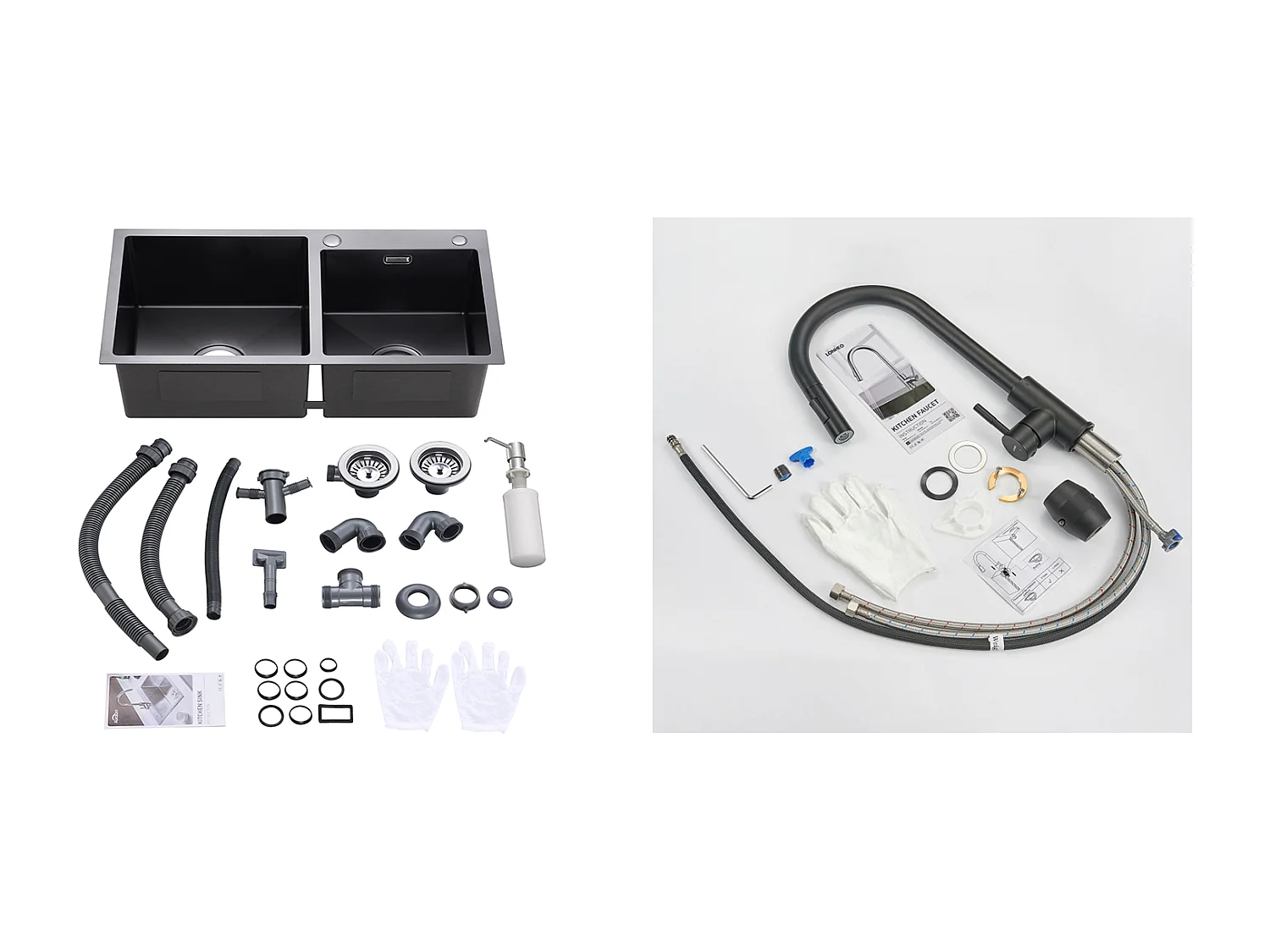 2 en 1 Évier Cuisine 2 Bacs,75x45x19cm, Encastré/ à Poser avec Distributeur Savon+Robinet Cuisine Noir,Extractible Rotatif 360 °, 2 Fonctions