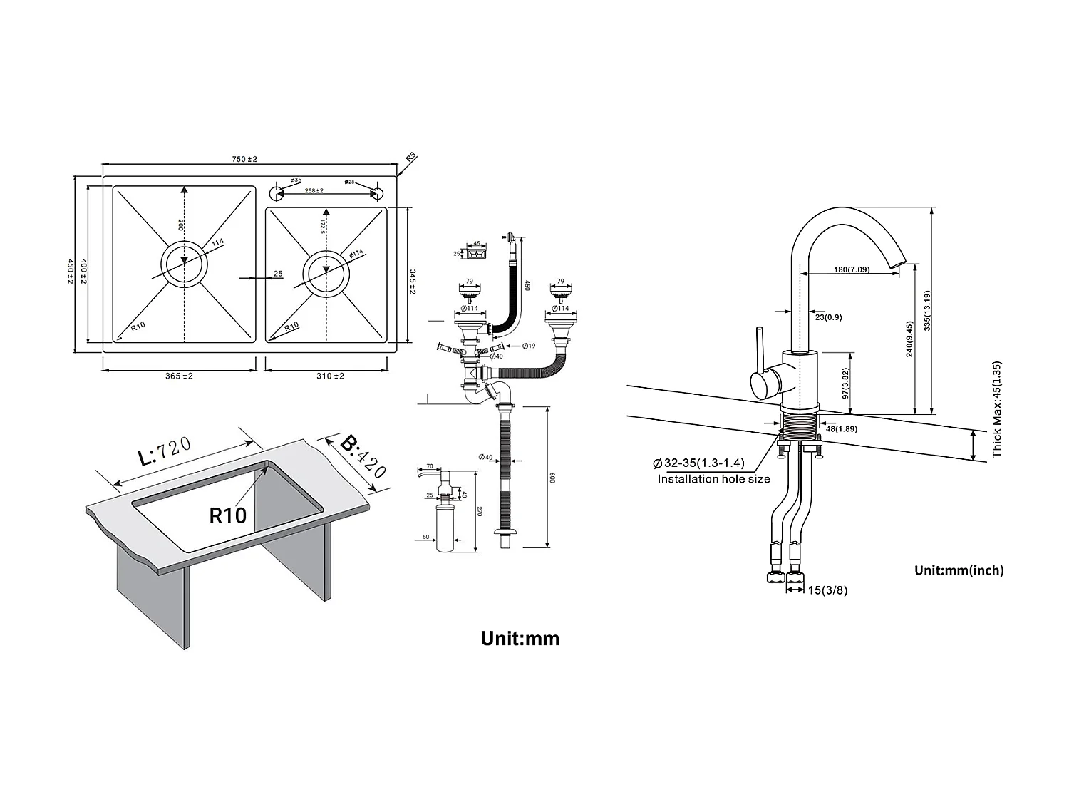 2en1 Évier Cuisine 2 Bac 75x45x19cm,Encastré/ à Poser avec Distributeur Savon+Robinet Cuisine Rotatif 360°, Noir avec points blancs