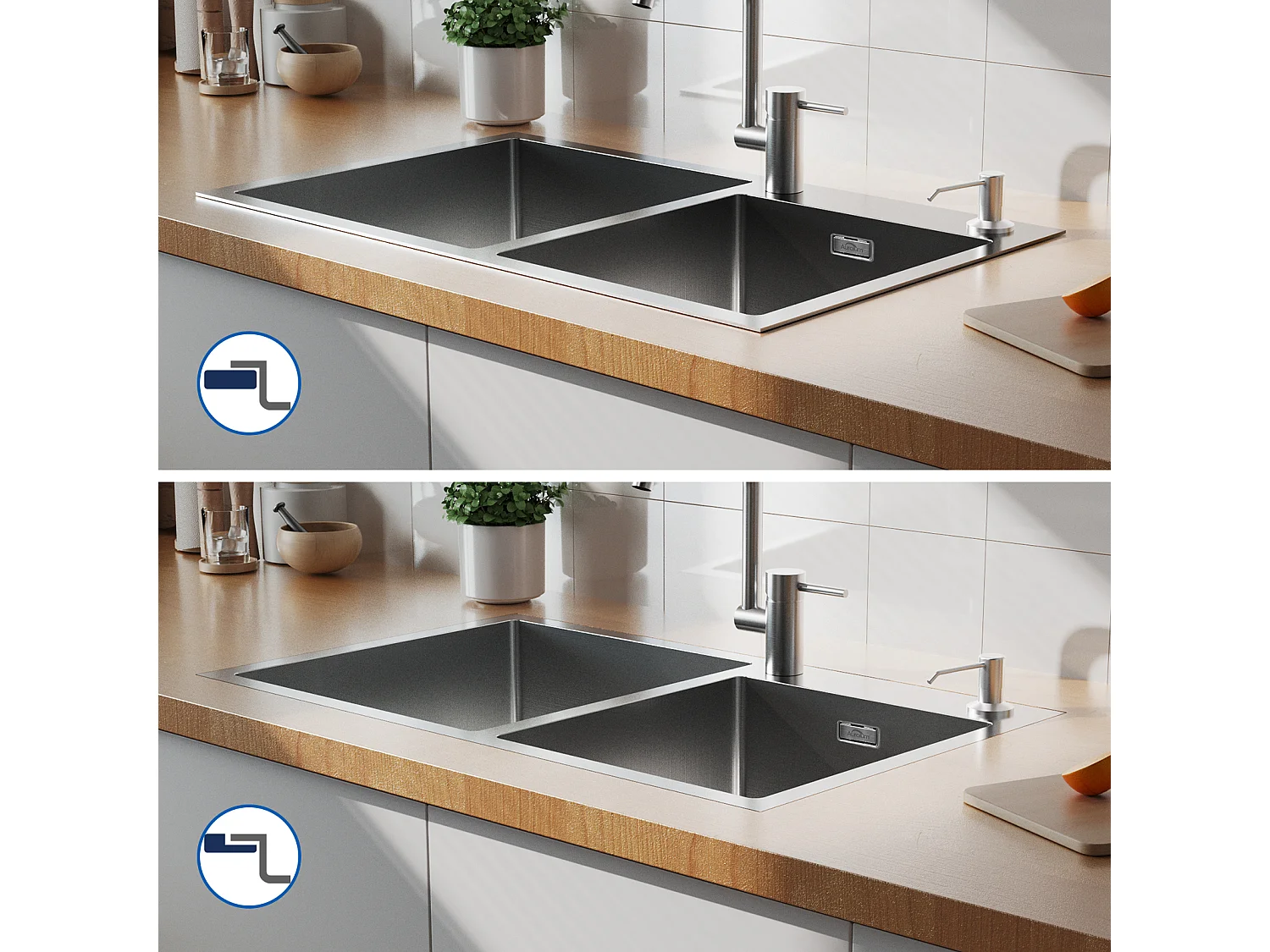 2en1 Évier Cuisine 2 Bac 75x45x19cm,Encastré/ à Poser avec Distributeur Savon+Robinet Cuisine Rotatif 360°, Noir avec points blancs