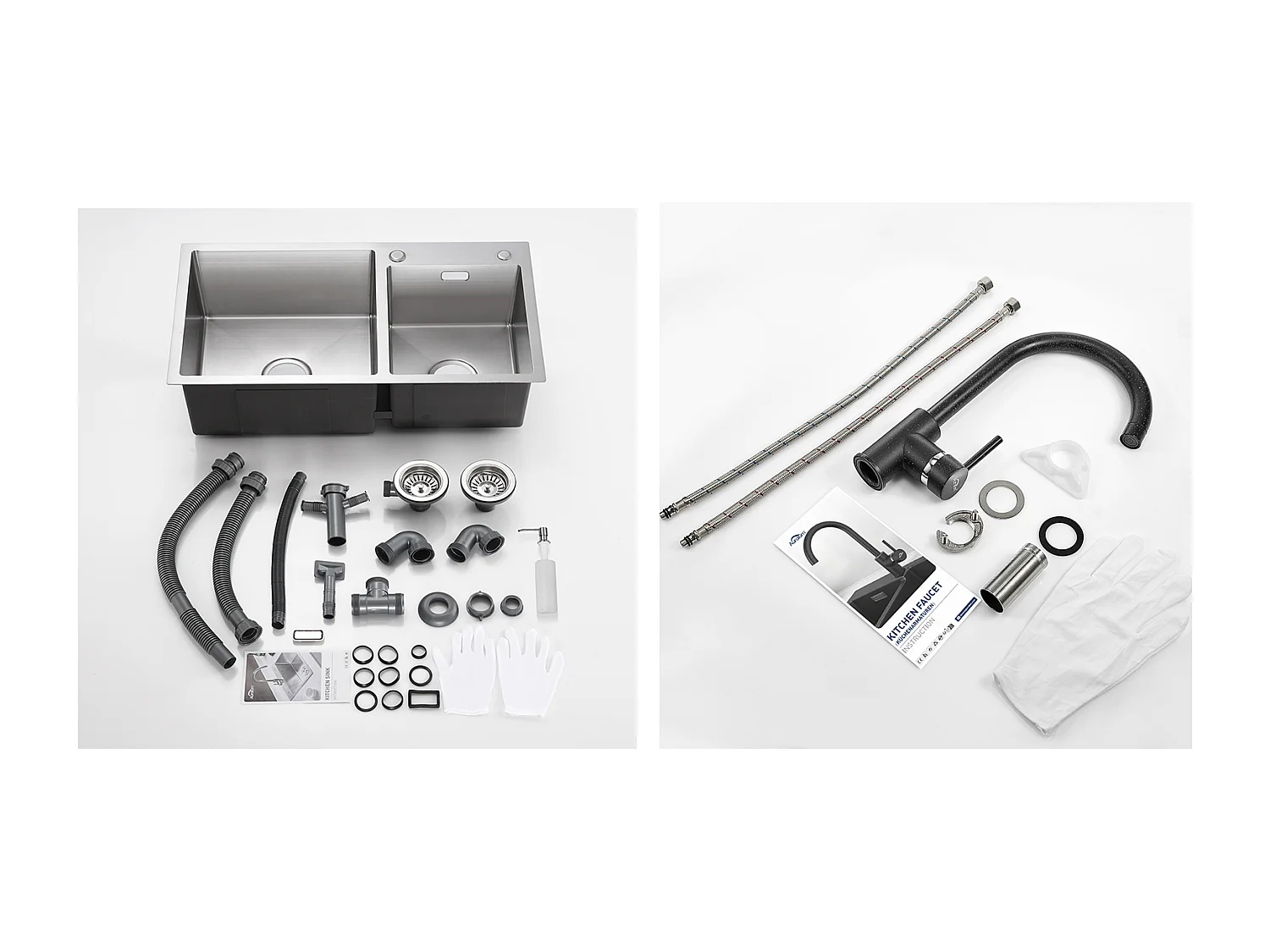 2en1 Évier Cuisine 2 Bac 75x45x19cm,Encastré/ à Poser avec Distributeur Savon+Robinet Cuisine Rotatif 360°, Noir avec points blancs