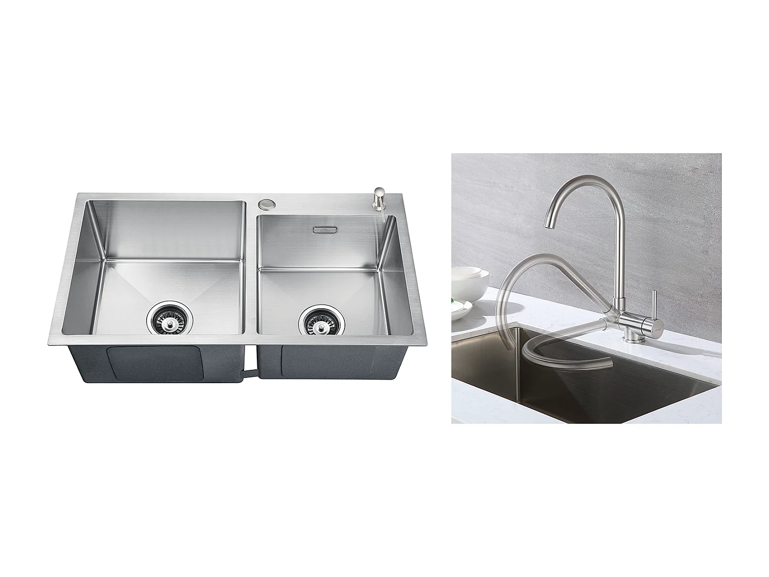 Fregadero Cocina 2 Bandeja 75x45x19cm, Empotrado / para colocar con dispensadorJabón+Mestidor Cocina Acero Inox 304 Plegable Giratorio a 360°