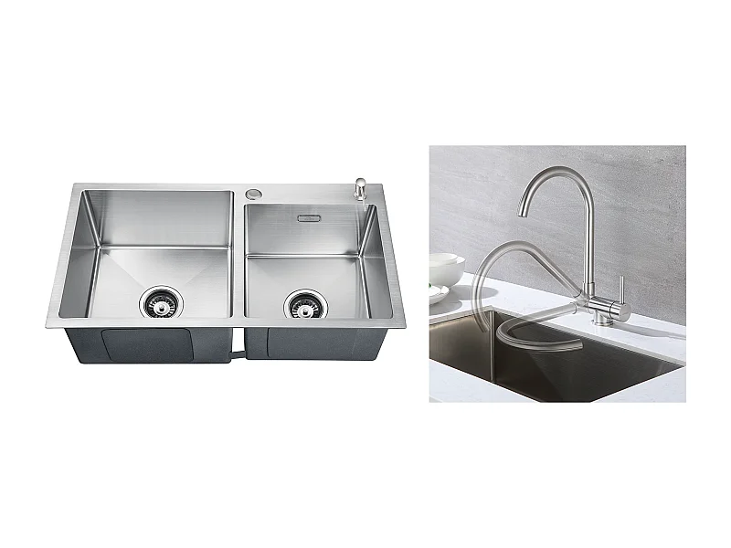 2 en 1 Évier Cuisine 2 Bac 75x45x19cm,Encastré/ à Poser avec Distributeur Savon+Mitigeur Cuisine  Acier Inox 304 Rabattable Pivotant à 360°