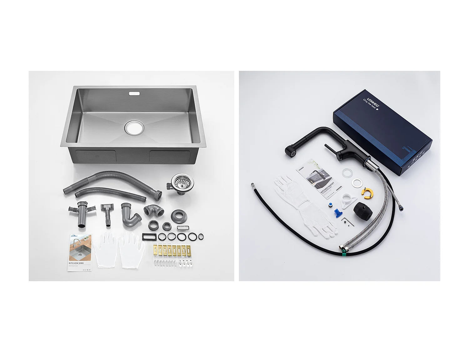 Fregadero Cocina 1 Bandeja 70*44*19CM, para Empotrar/Fleur/Sous-Plan,con Sifón/Trop-Plein,Cepillado+ Grifo de Cocina Negro con Ducha Extraíble