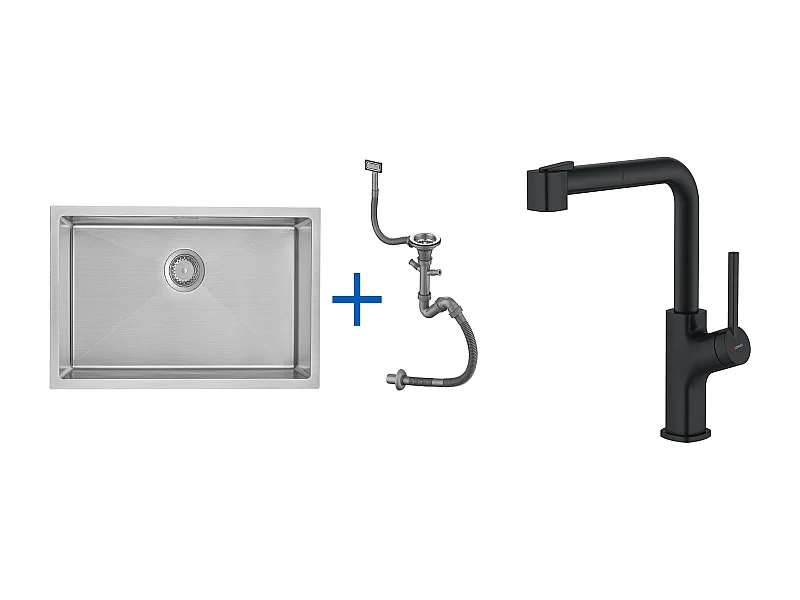 Fregadero Cocina 1 Bandeja 70*44*19CM, para Empotrar/Fleur/Sous-Plan,con Sifón/Trop-Plein,Cepillado+ Grifo de Cocina Negro con Ducha Extraíble