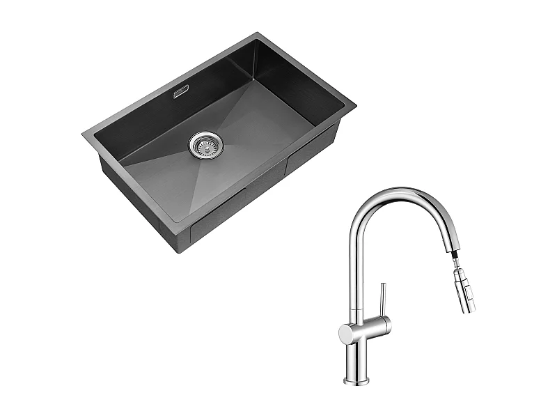 1 Becken Küchenspüle 70*44*19CM, Einbau/Blumen/Unterbau, mit Siphon/Überlauf, + Ausziehbarer Küchenarmatur mit zwei Funktionen, Chrom