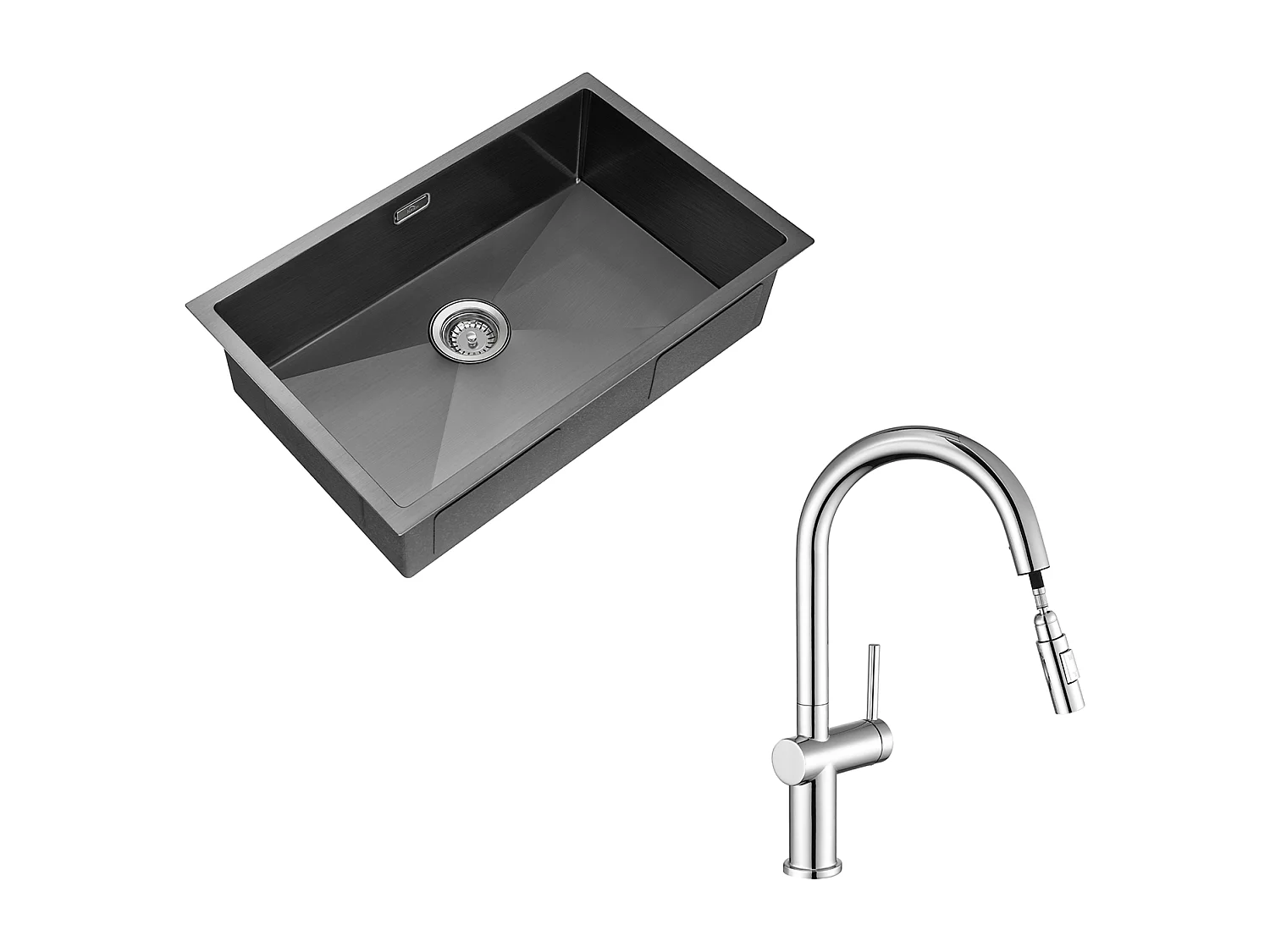 1 Becken Küchenspüle 70*44*19CM, Einbau/Blumen/Unterbau, mit Siphon/Überlauf, + Ausziehbarer Küchenarmatur mit zwei Funktionen, Chrom