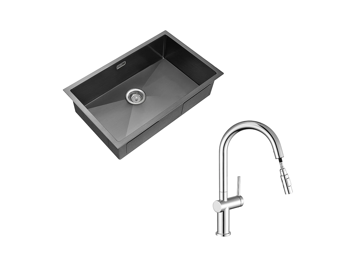 Évier Cuisine 1 Bac 70*44*19CM,à Encastrer/Fleur/Sous-Plan,avec Siphon/Trop-Plein,+robinet de cuisine rétractable à deux fonctions, chromé