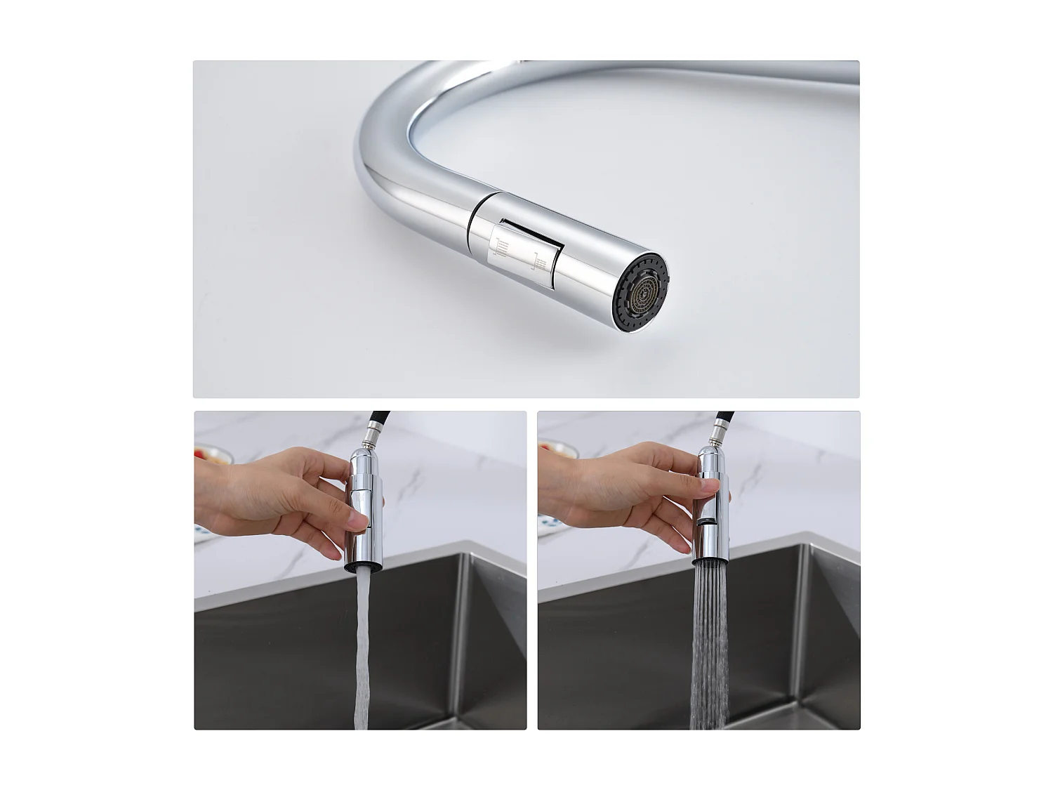 Évier Cuisine 1 Bac 70*44*19CM,à Encastrer/Fleur/Sous-Plan,avec Siphon/Trop-Plein,+robinet de cuisine rétractable à deux fonctions, chromé