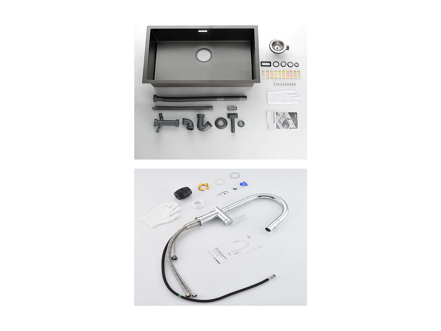 Évier Cuisine 1 Bac 70*44*19CM,à Encastrer/Fleur/Sous-Plan,avec Siphon/Trop-Plein,+robinet de cuisine rétractable à deux fonctions, chromé