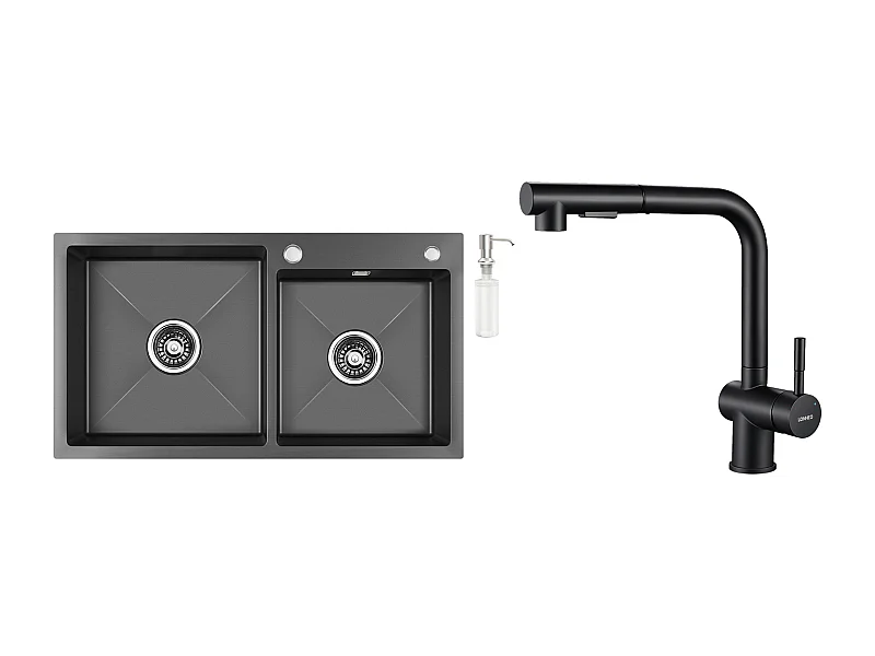 2-in-1-Küchenspüle mit 2 Becken, 75 x 45 x 19 cm, Einbauspüle/Aufsatzspüle mit Seifenspender + Küchenarmatur mit ausziehbarer Brause, zwei Düsen, schwarz