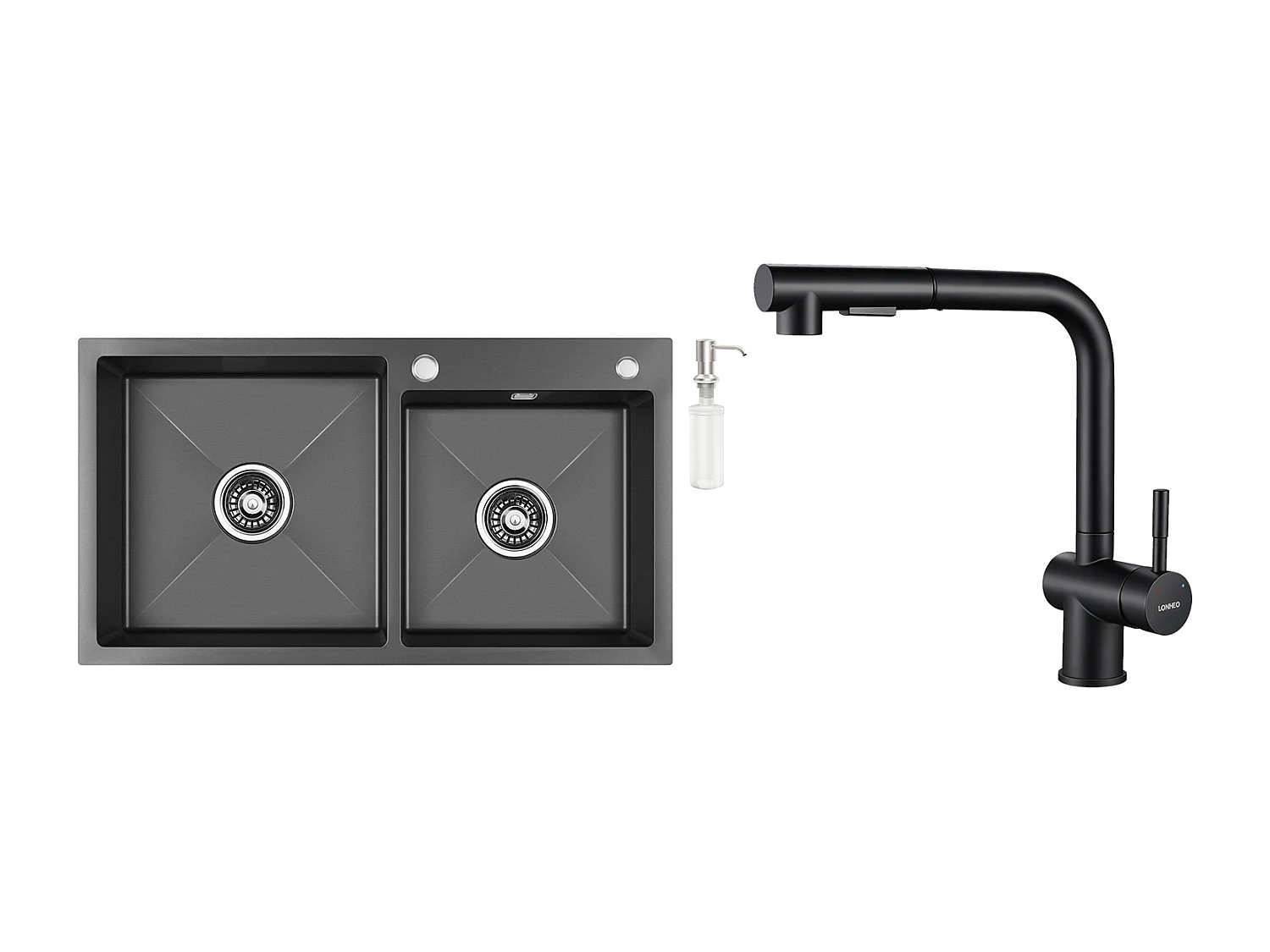 2-in-1-Küchenspüle mit 2 Becken, 75 x 45 x 19 cm, Einbauspüle/Aufsatzspüle mit Seifenspender + Küchenarmatur mit ausziehbarer Brause, zwei Düsen, schwarz