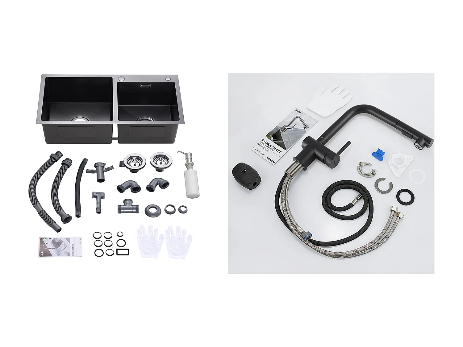 2-in-1-Küchenspüle mit 2 Becken, 75 x 45 x 19 cm, Einbauspüle/Aufsatzspüle mit Seifenspender + Küchenarmatur mit ausziehbarer Brause, zwei Düsen, schwarz