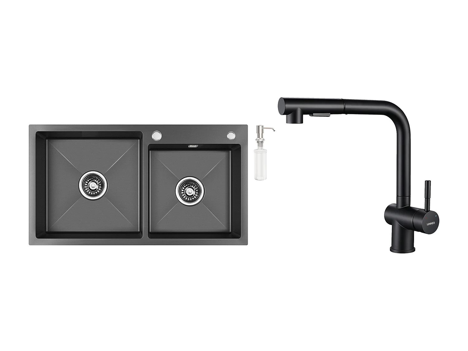 2in1 Aanrecht 2 Bakken, 75x45x19cm, Inbouw/ Opzetbaar met Zeepdispenser + Keukenkraan Uittrekbare Handdouche Twee Stralen, Zwart