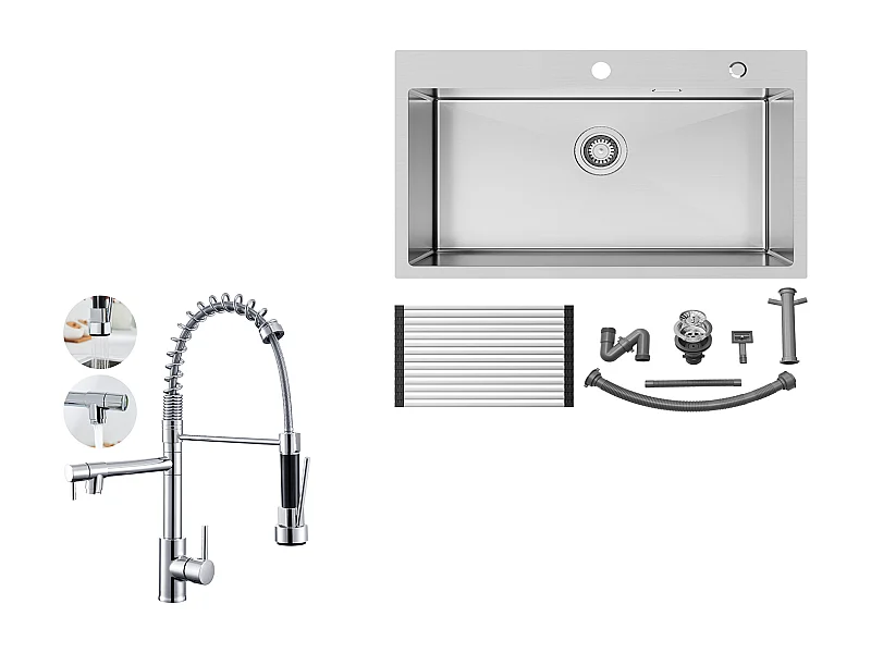 Auralum MAX Aanrecht 1 Bak Geborsteld RVS75*45*19CM-ÉViermet Opvouwbare Afdruiprek + 360° Draaibare Keukenkraan Uittrekbare Douche