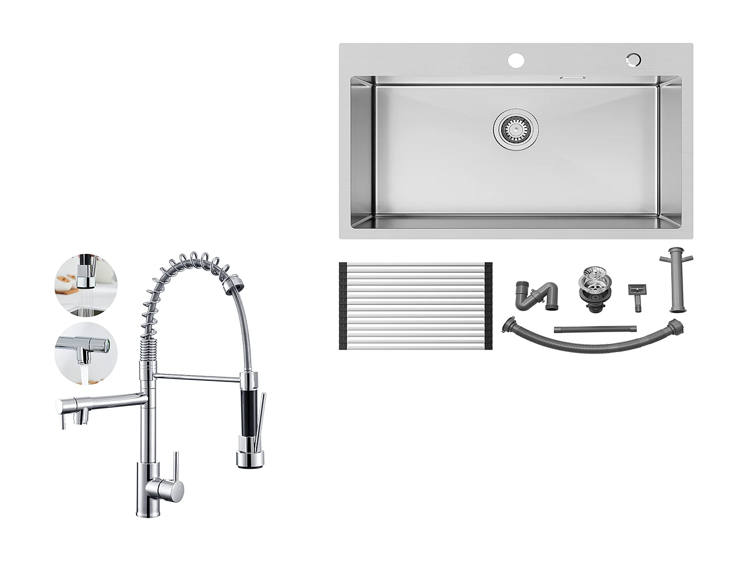 Auralum MAX Évier Cuisine 1 Cuve Inox Brossé75*45*19CM-Évieravec Égouttoir pliable+Robinet Cuisine Rotatif 360° Douchette Extractible