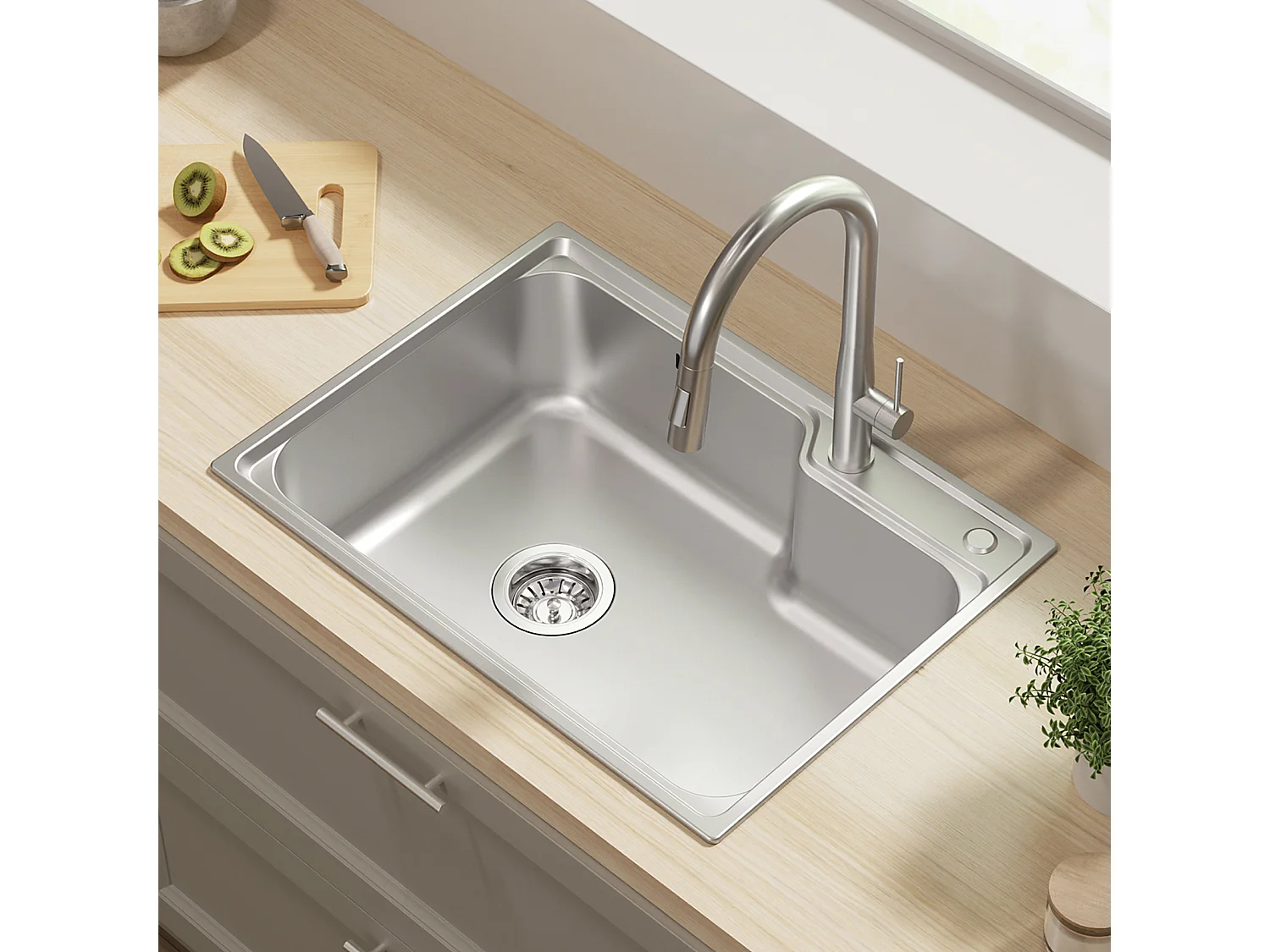 Auralum Max Évier Cuisine 1 Bac 62*45*21CM Évier de Cuisine en Acier Inoxydable PVD Nano Vasque à Poser,Argent