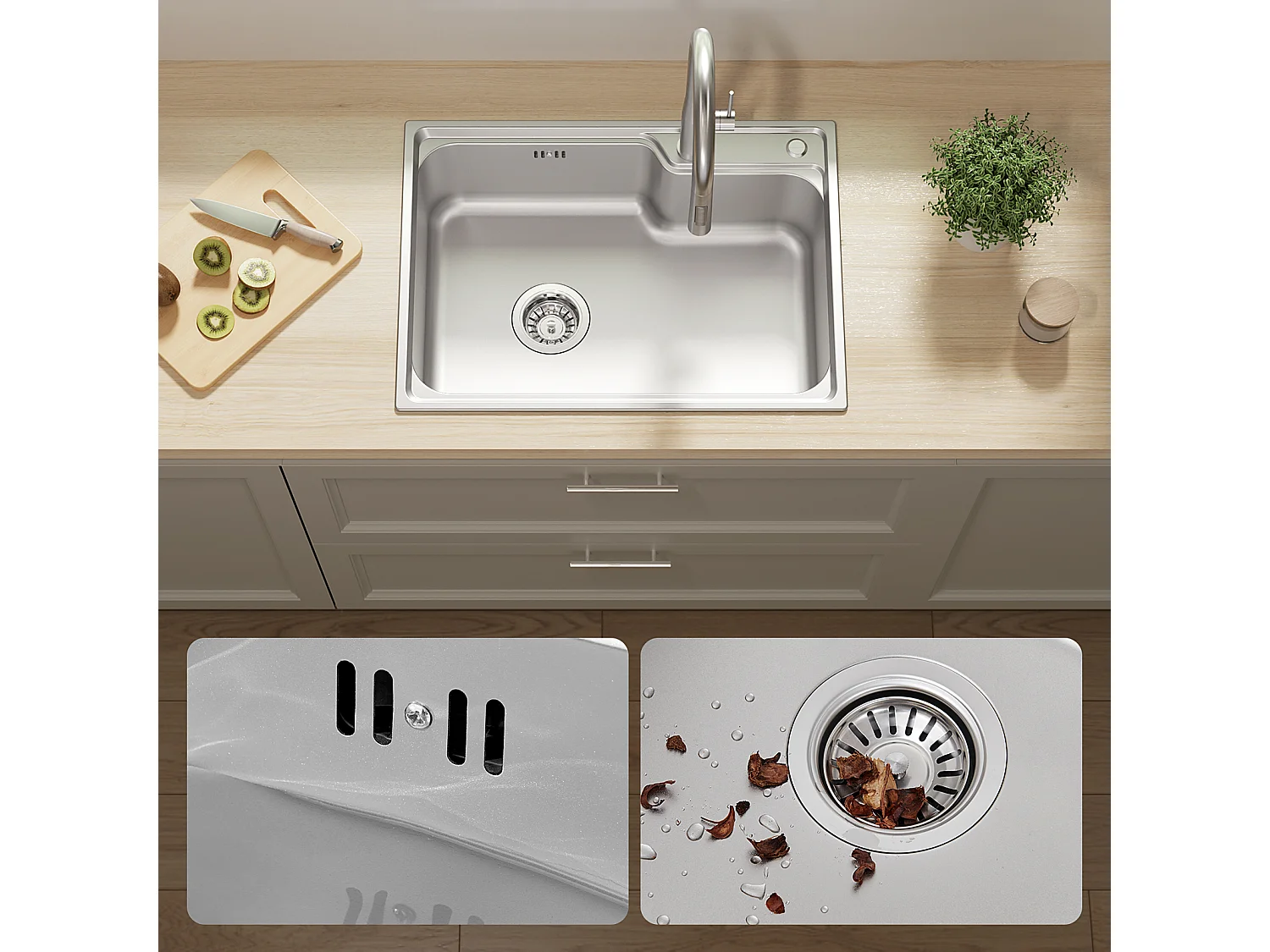 Auralum Max Évier Cuisine 1 Bac 62*45*21CM Évier de Cuisine en Acier Inoxydable PVD Nano Vasque à Poser,Argent