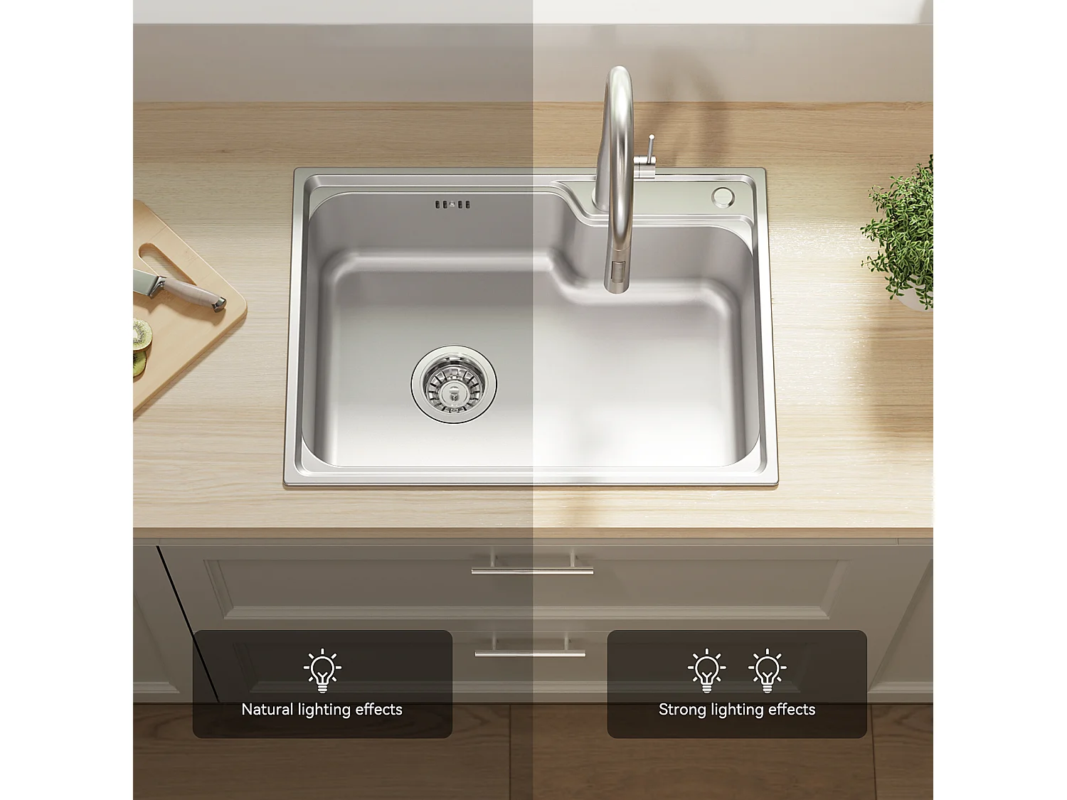 Auralum Max Évier Cuisine 1 Bac 62*45*21CM Évier de Cuisine en Acier Inoxydable PVD Nano Vasque à Poser,Argent