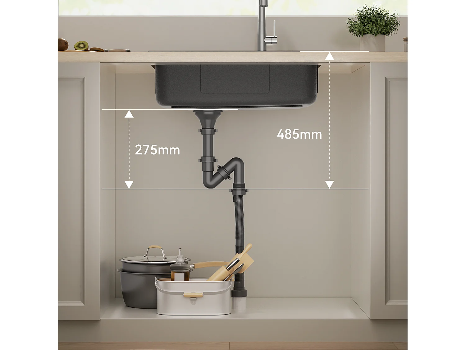Auralum Max Évier Cuisine 1 Bac 62*45*21CM Évier de Cuisine en Acier Inoxydable PVD Nano Vasque à Poser,Argent