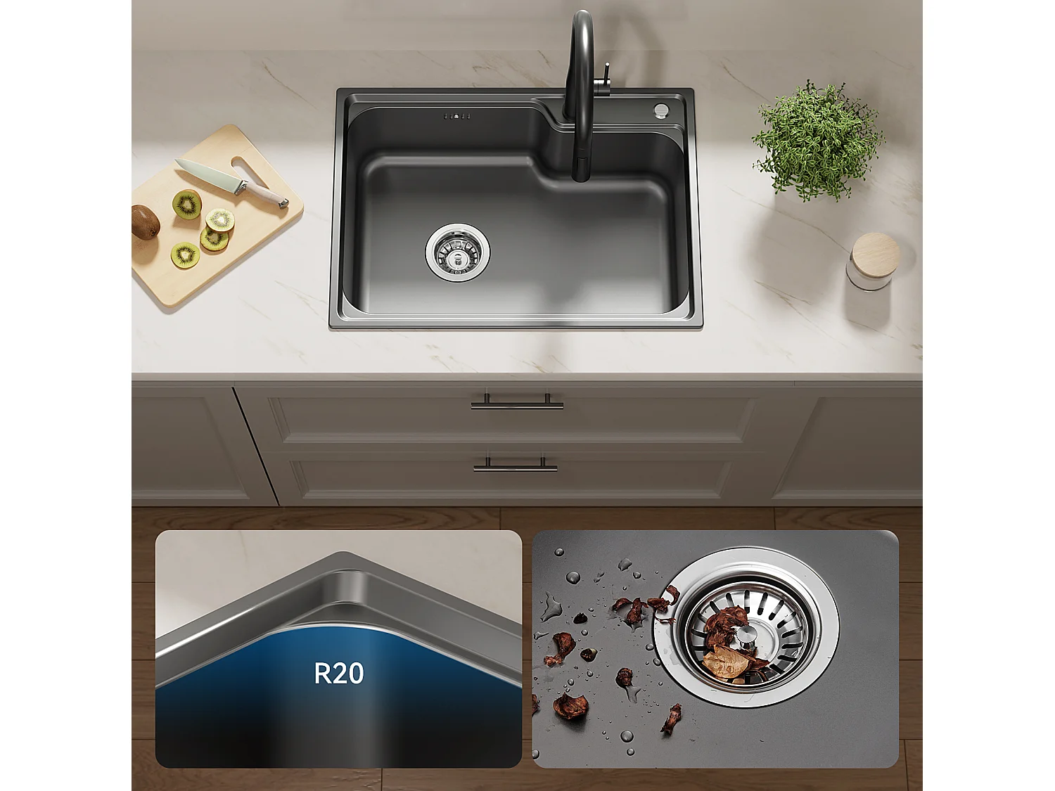 Auralum Max Évier Cuisine 1 Bac 62*45*21CM Évier de Cuisine en Acier Inoxydable PVD Nano Vasque à Poser,Gris Noir