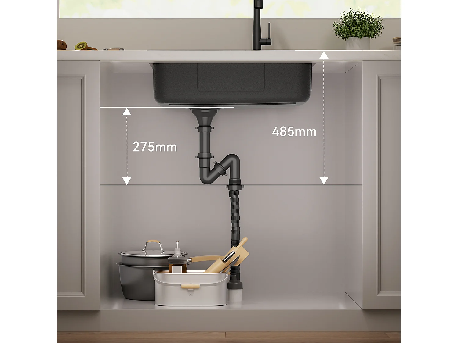 Auralum Max Évier Cuisine 1 Bac 62*45*21CM Évier de Cuisine en Acier Inoxydable PVD Nano Vasque à Poser,Gris Noir