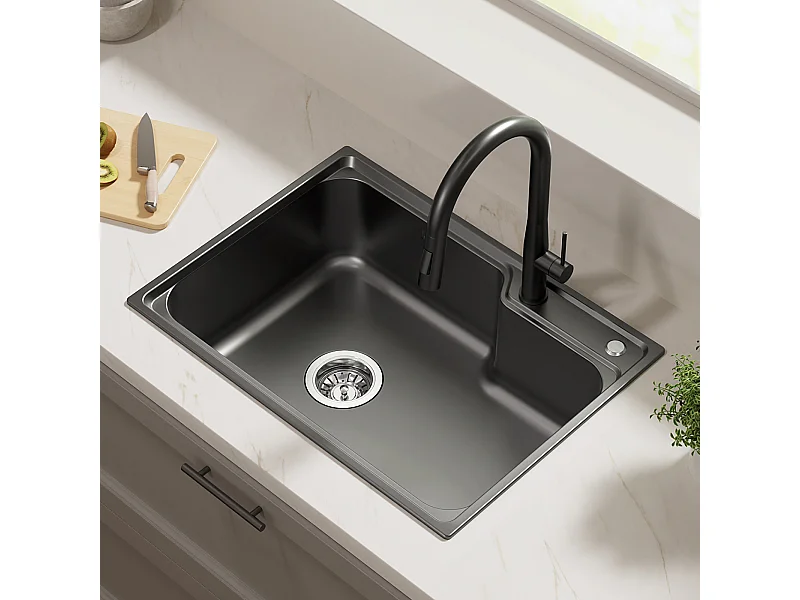 Auralum Max Küchenspüle mit Einzelbecken, 62 x 45 x 21 cm, Edelstahl, PVD Nano-Arbeitsplatte, Küchenspüle, Grau/Schwarz