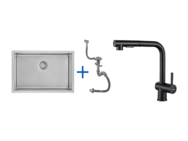 Évier Cuisine 1 Bac 70*44*19CM,à Encastrer/Fleur/Sous-Plan,avec Siphon/Trop-Plein,Brossé + Robinet de Cuisine Noir Douchette Extractible à 2 Jets