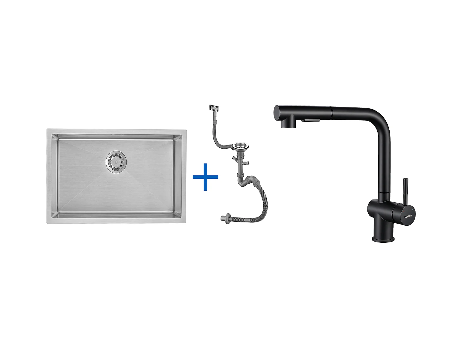 Évier Cuisine 1 Bac 70*44*19CM,à Encastrer/Fleur/Sous-Plan,avec Siphon/Trop-Plein,Brossé + Robinet de Cuisine Noir Douchette Extractible à 2 Jets