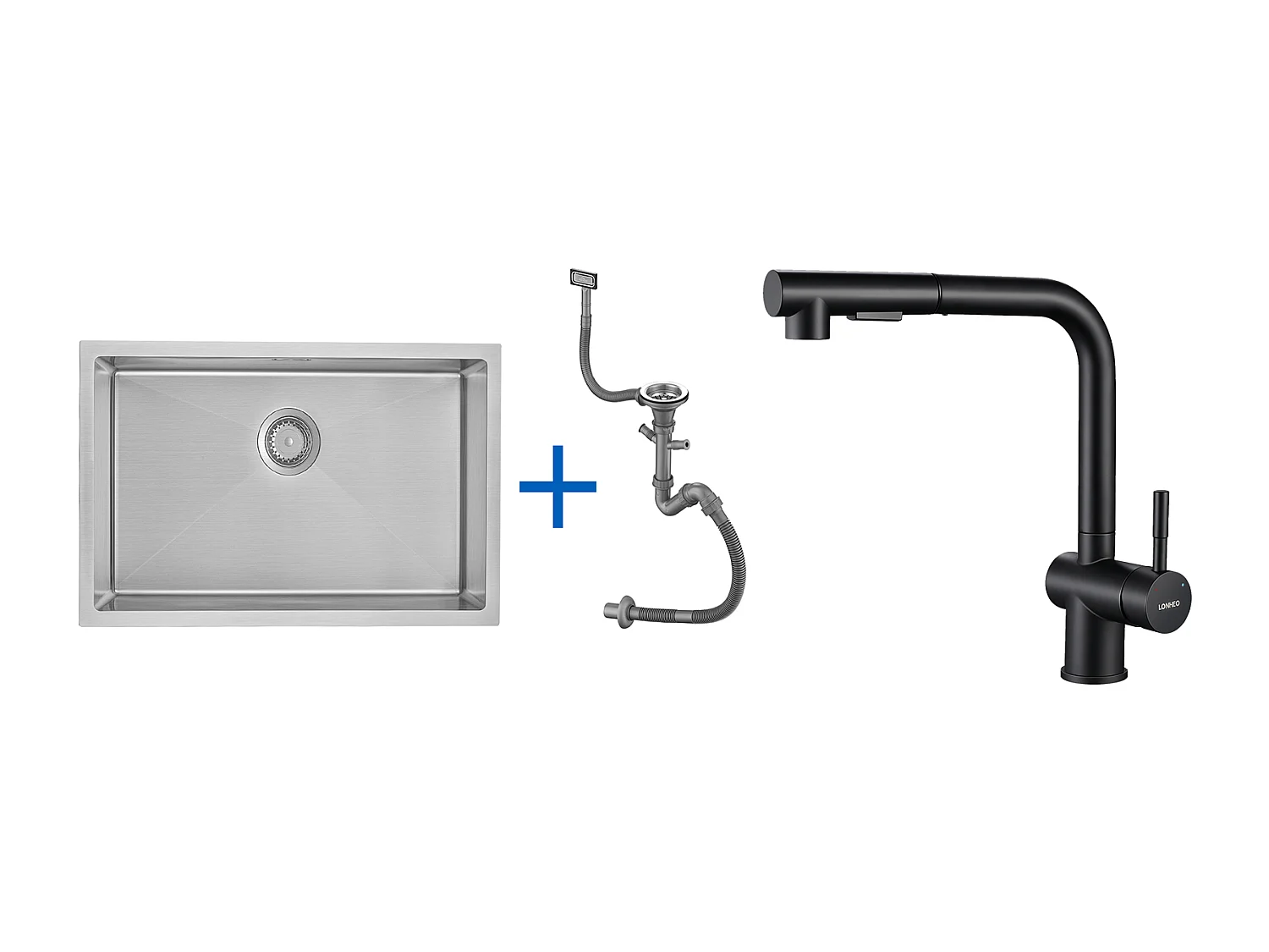 Évier Cuisine 1 Bac 70*44*19CM,à Encastrer/Fleur/Sous-Plan,avec Siphon/Trop-Plein,Brossé + Robinet de Cuisine Noir Douchette Extractible à 2 Jets