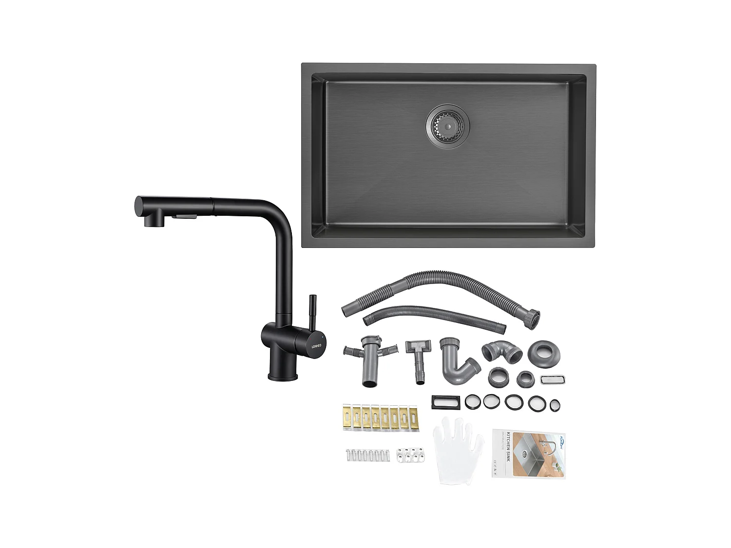 1 Becken Küchenspüle 70*44*19CM, Einbau/Blumen/Unterbau, mit Siphon/Überlauf, + Küchenarmatur Ausziehbarer Brause Zwei Düsen Schwenkbar 360°, Schwarz