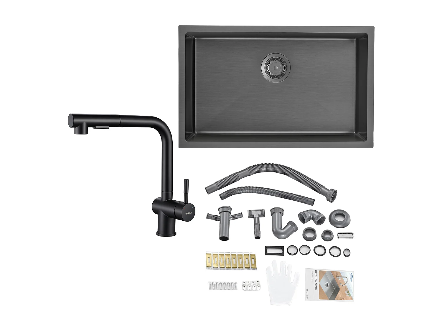 Évier Cuisine 1 Bac 70*44*19CM,à Encastrer/Fleur/Sous-Plan,avec Siphon/Trop-Plein,+Robinet Cuisine Douchette Extractible Deux Jets Pivotant 360° ,Noir