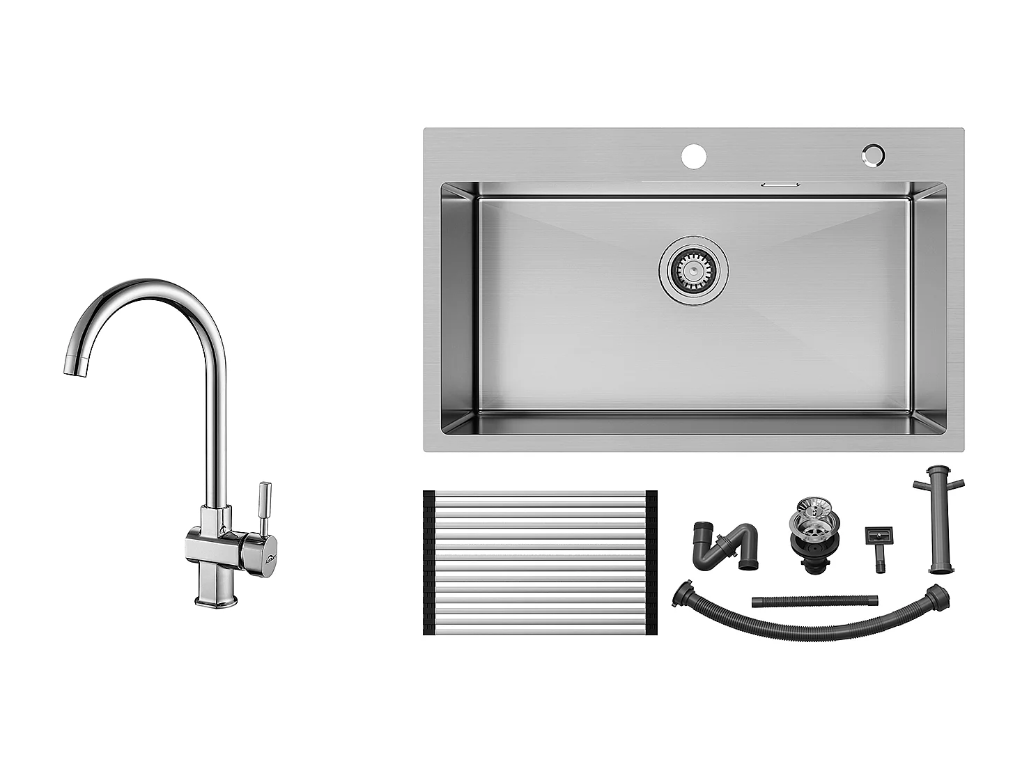 Auralum MAX Évier Cuisine 1 Cuve Inox Brossé75*45*19CM-Évier 1 Bac avec Égouttoir pliable+Robinet Cuisine Chromé Pivotant à 360° Eau Froide /Chaude