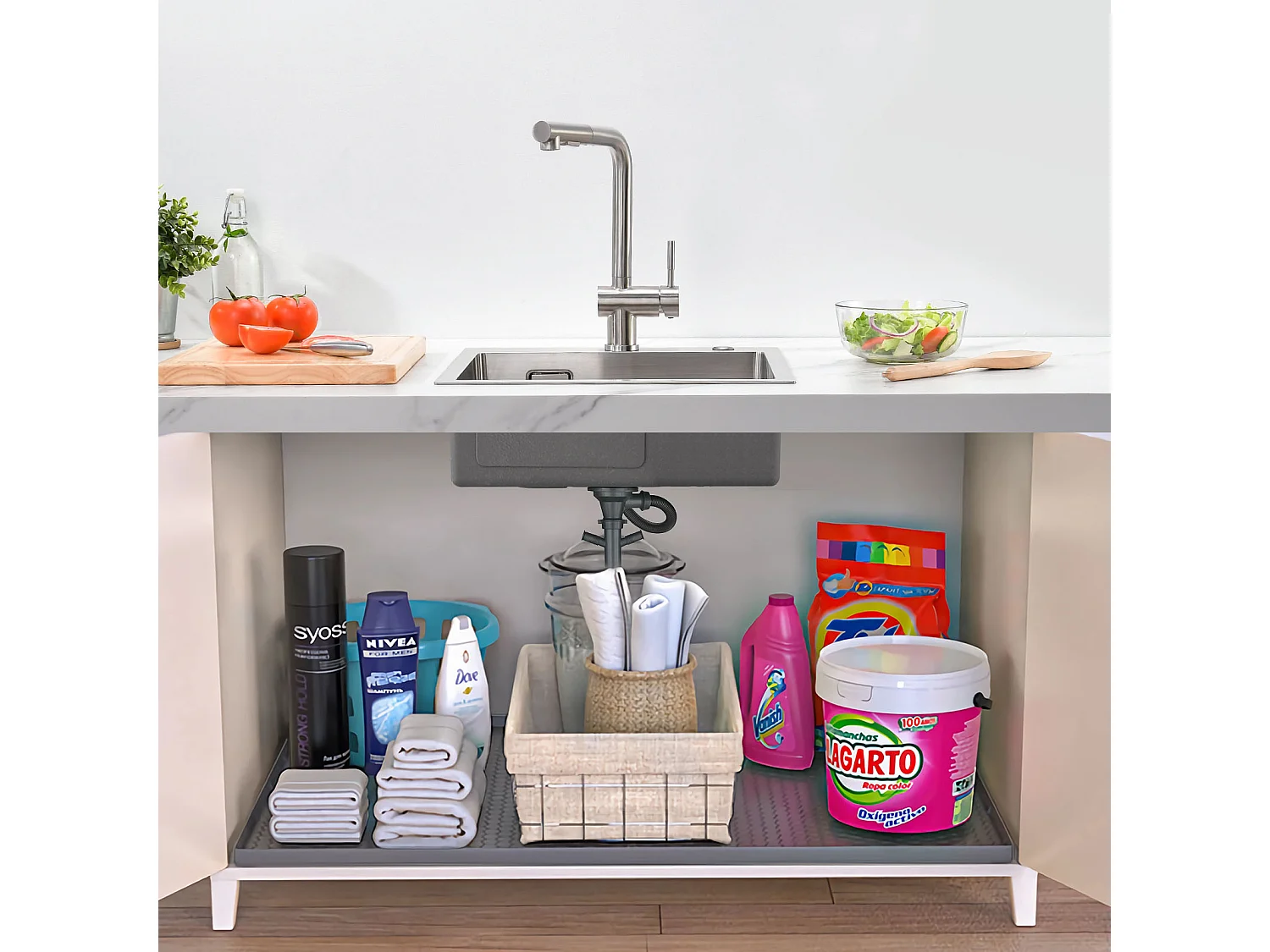 Évier Cuisine 1 Bac 45x45CM Acier Inoxydable 304+Robinet de Cuisine avec Douchette Extractible Rotatif 360 °2 Fonctions, Barboteur démontable,Noir