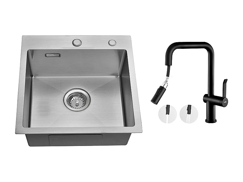 Évier Cuisine 1 Bac 45x45CM Acier Inoxydable 304+Robinet de Cuisine avec Douchette Extractible Rotatif 360 °2 Fonctions, Barboteur démontable,Noir