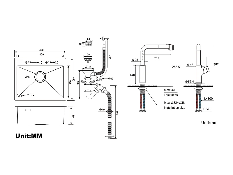 Évier de Cuisine 1 Bac 45x45CM Acier Inoxydable 304 , encastré et à Poserr+ Robinet de Cuisine Noir avec Douchette Extractible