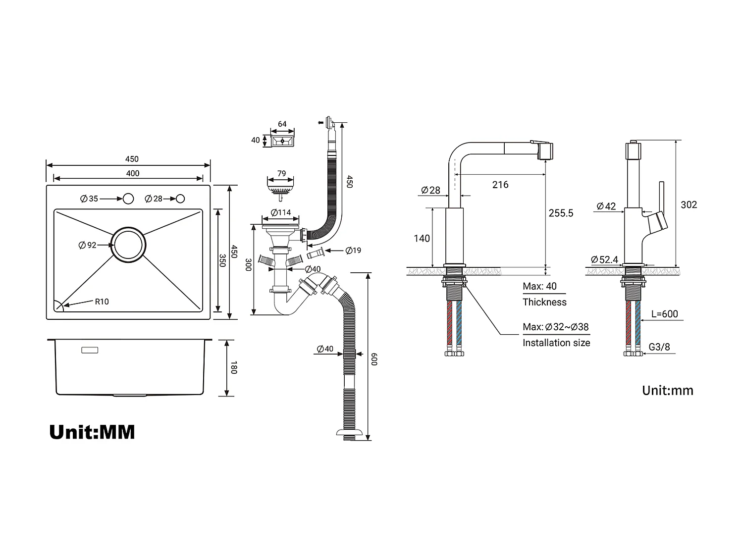 Évier de Cuisine 1 Bac 45x45CM Acier Inoxydable 304 , encastré et à Poserr+ Robinet de Cuisine Noir avec Douchette Extractible