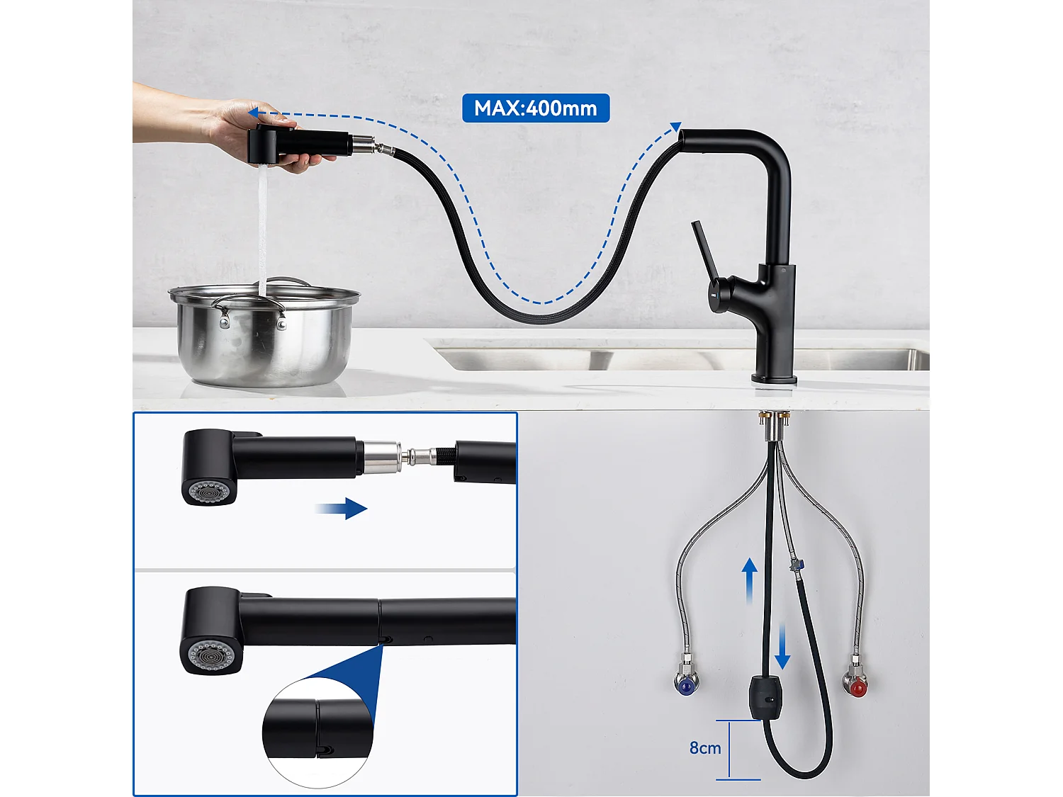 Évier de Cuisine 1 Bac 45x45CM Acier Inoxydable 304 , encastré et à Poserr+ Robinet de Cuisine Noir avec Douchette Extractible