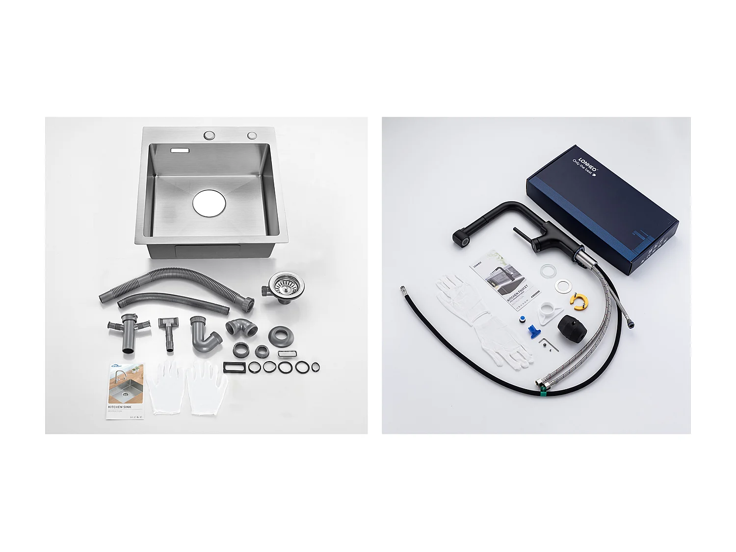 1 Becken Küchenspüle 45x45CM 304 Edelstahl, Einbau- und Arbeitsplattenspüle + schwarzer Küchenhahn mit ausziehbarer Brause