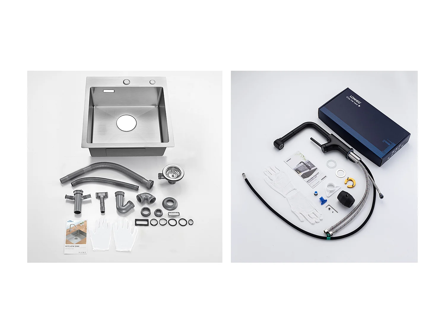 Aanrecht 1 Bak 45x45CM Roestvrij Staal 304, Inbouw en Opzetbaar + Zwarte Keukenkraan met Uittrekbare Handdouche