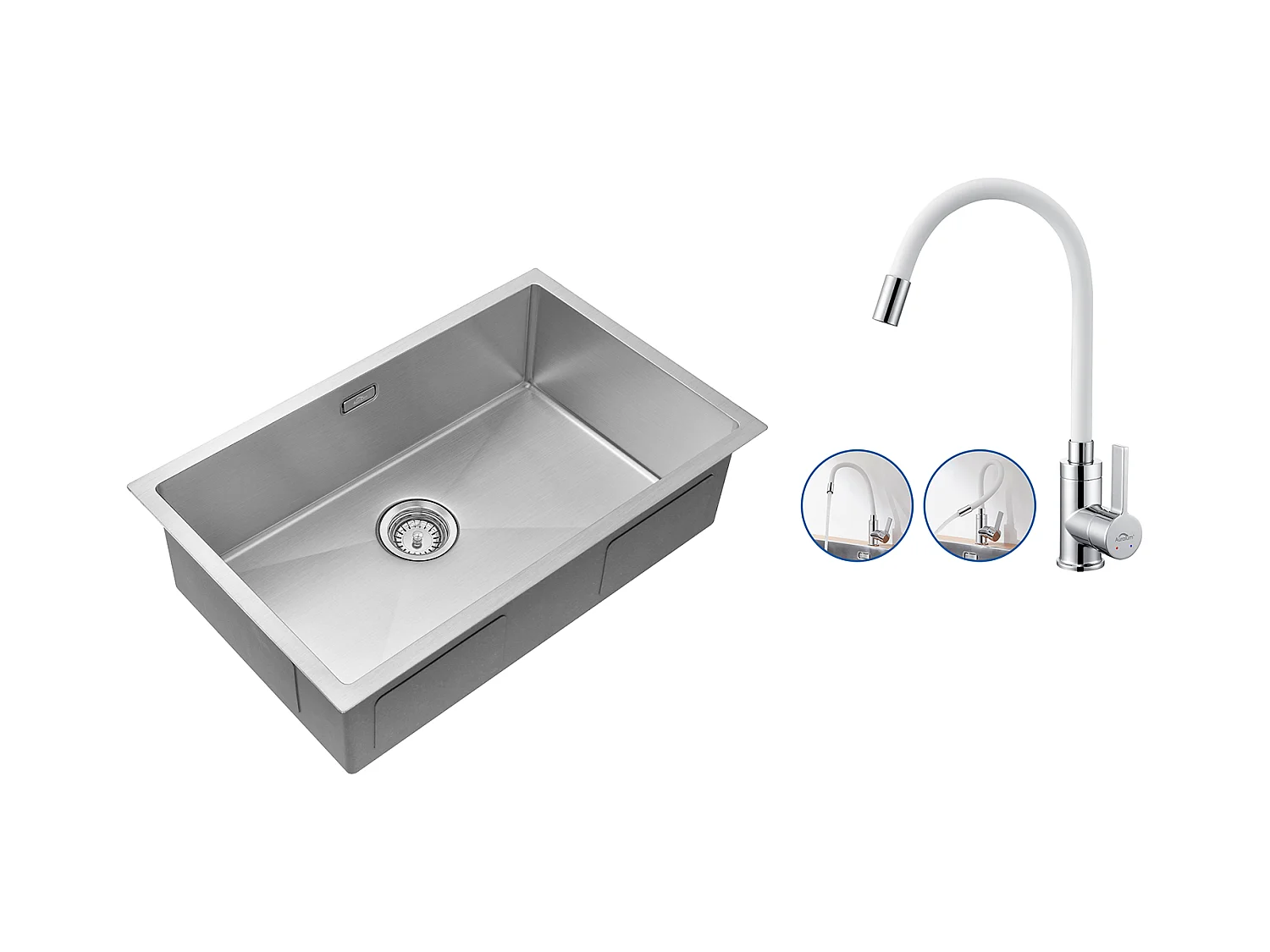 Évier Cuisine 1 Bac70*44*19CM,à Encastrer/Fleur/Sous-Plan,avec Siphon/Trop-Plein,Brossé+Robinet Cuisine Flexible Bec Haut Orientable Librement,Blanc