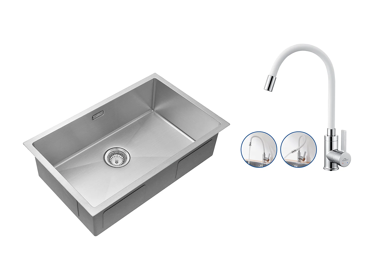 Évier Cuisine 1 Bac70*44*19CM,à Encastrer/Fleur/Sous-Plan,avec Siphon/Trop-Plein,Brossé+Robinet Cuisine Flexible Bec Haut Orientable Librement,Blanc