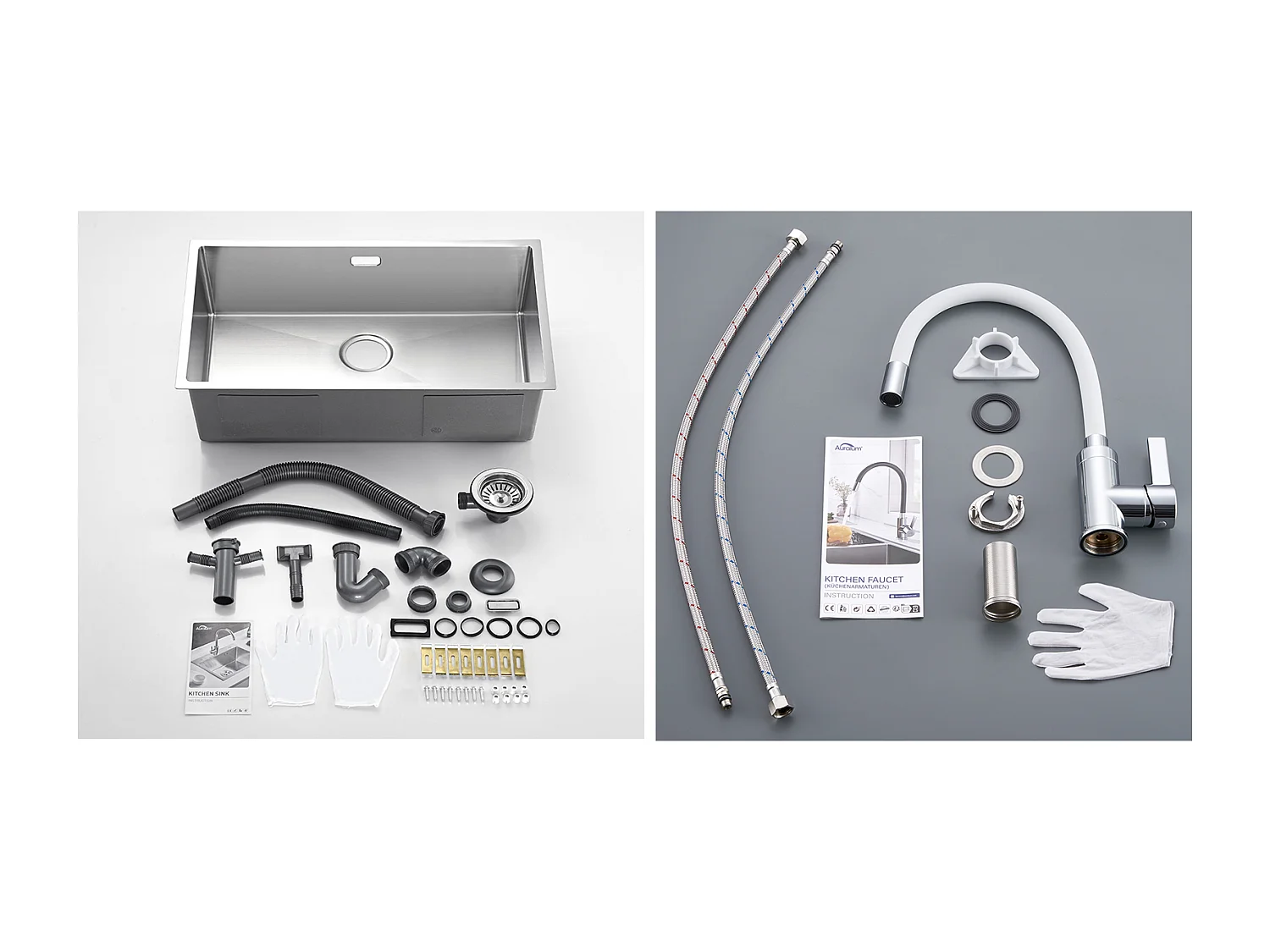 Évier Cuisine 1 Bac70*44*19CM,à Encastrer/Fleur/Sous-Plan,avec Siphon/Trop-Plein,Brossé+Robinet Cuisine Flexible Bec Haut Orientable Librement,Blanc