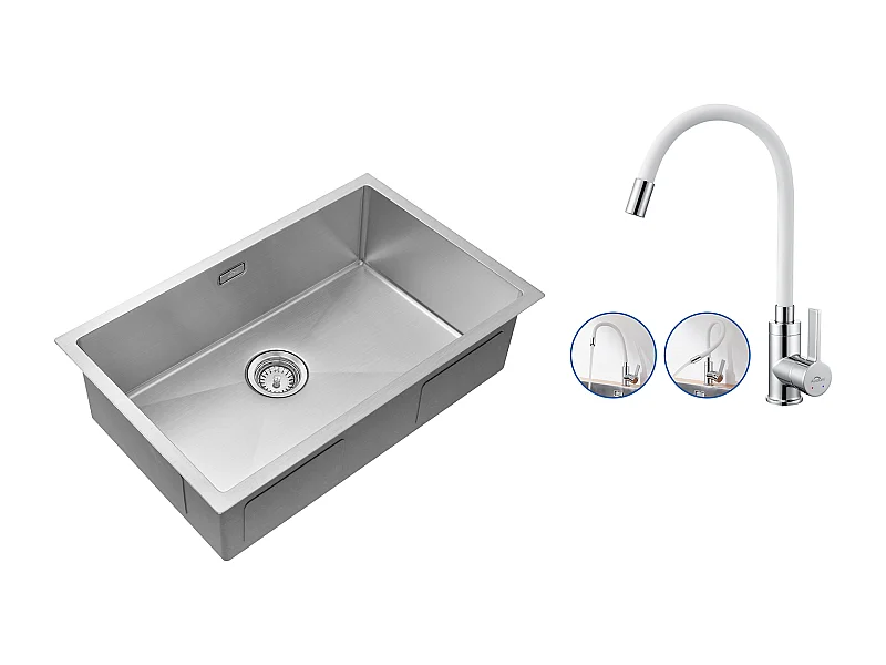 Évier Cuisine 1 Bac70*44*19CM,à Encastrer/Fleur/Sous-Plan,avec Siphon/Trop-Plein,Brossé+Robinet Cuisine Flexible Bec Haut Orientable Librement,Blanc