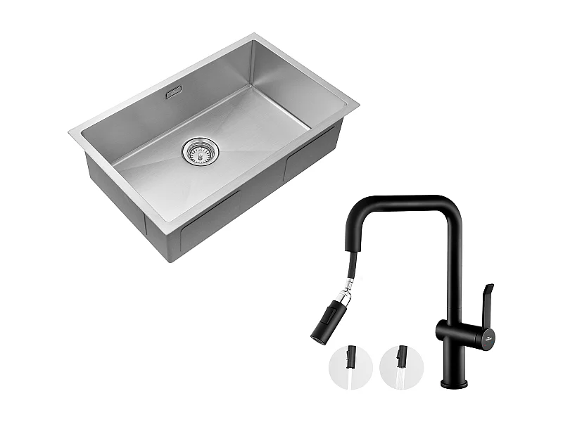 Évier de cuisine Brossé 70*44*19cm inox+Robinet de Cuisine avec Douchette Extractible Rotatif 360 °2 Fonctions, Barboteur démontable,Noir