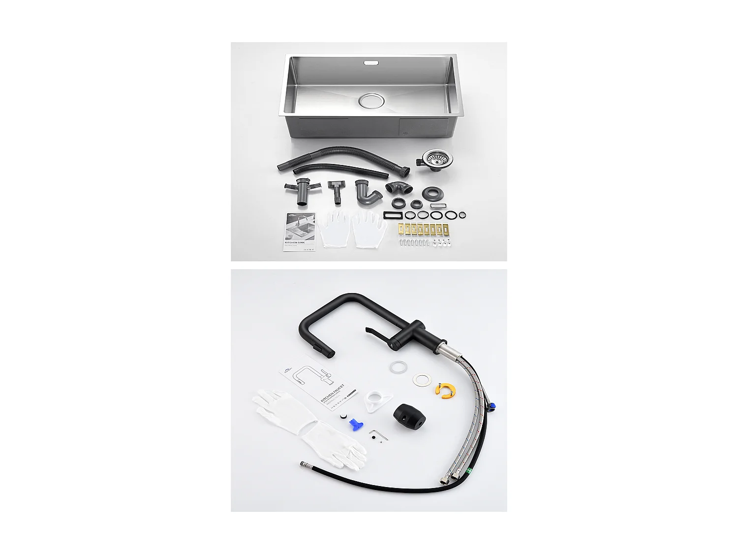 Évier de cuisine Brossé 70*44*19cm inox+Robinet de Cuisine avec Douchette Extractible Rotatif 360 °2 Fonctions, Barboteur démontable,Noir