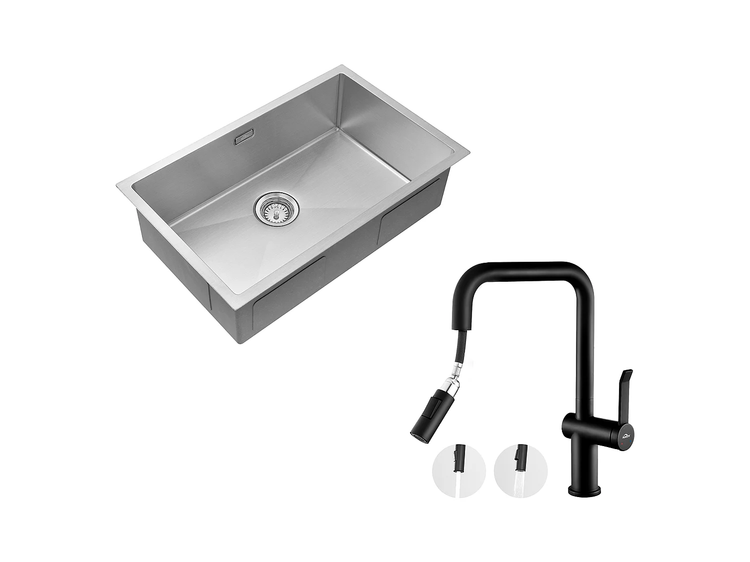 Geborstelde spoelbak 70*44*19cm roestvrij staal + keukenkraan met uittrekbare douchekop 360 °2 functies, afneembare borstel, zwart
