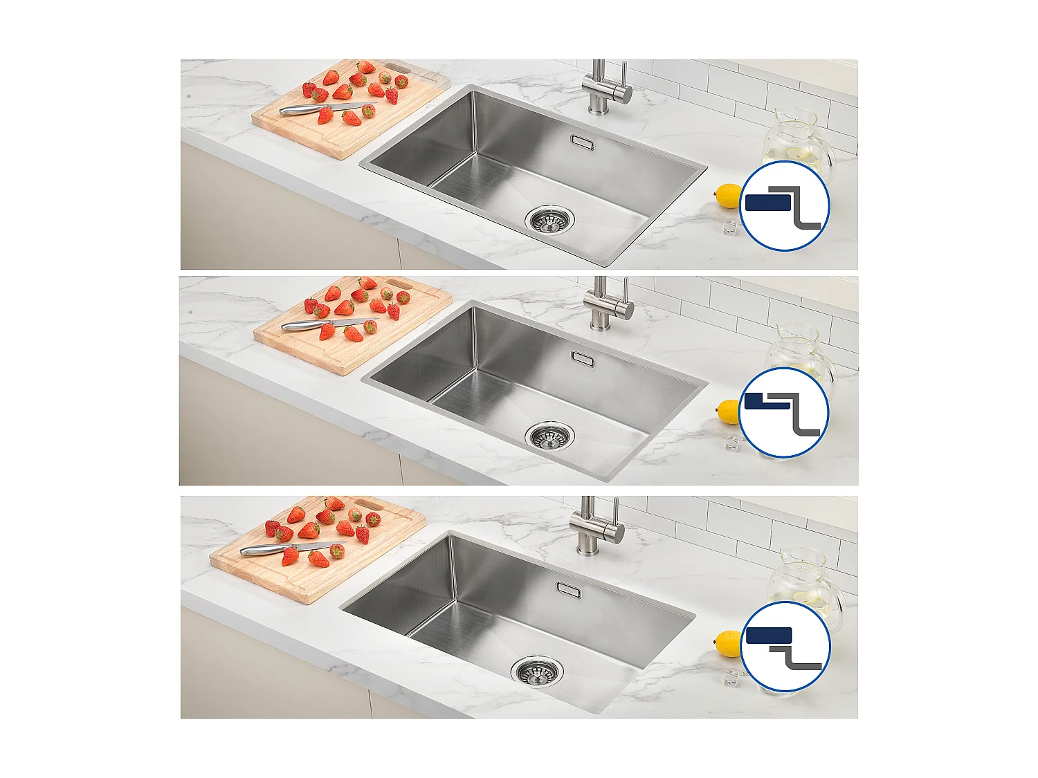 Aanrecht 1 Bak 70*44*19CM,Inbouw/Bloei/Ondergrond,Met Sifon/Overloop,Geborsteld+Kraan Keukenkraan Uittrekbare Douche Twee Draaibare Draaiers 360°