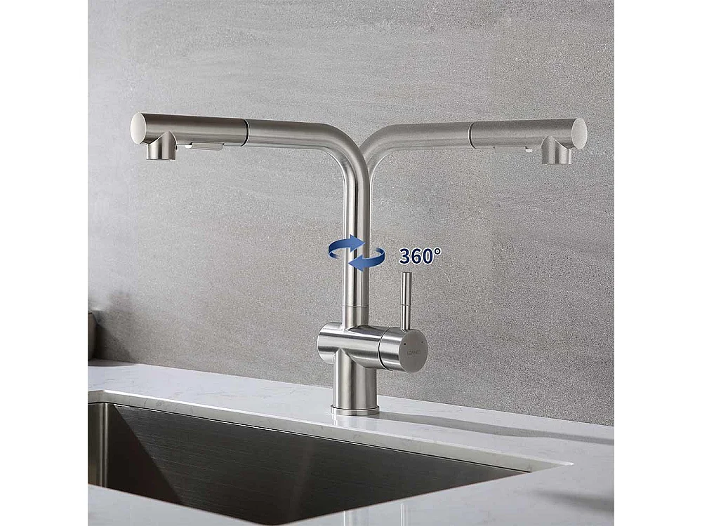 Aanrecht 1 Bak 70*44*19CM,Inbouw/Bloei/Ondergrond,Met Sifon/Overloop,Geborsteld+Kraan Keukenkraan Uittrekbare Douche Twee Draaibare Draaiers 360°