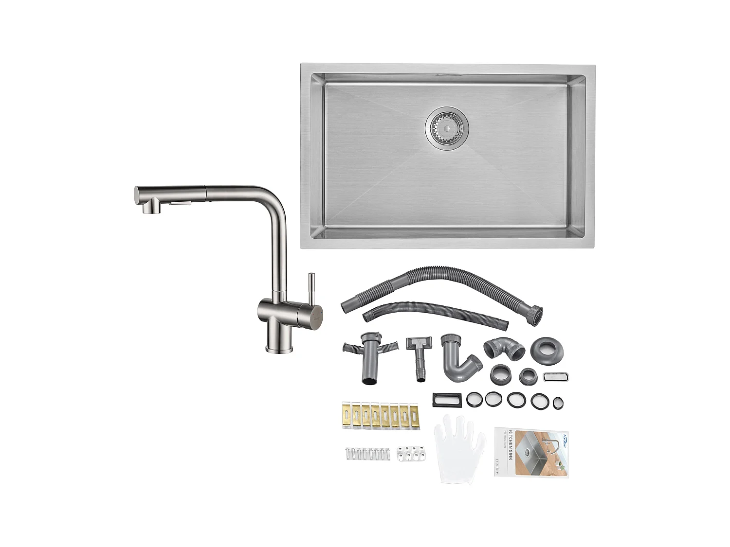 Évier Cuisine 1 Bac 70*44*19CM,à Encastrer/Fleur/Sous-Plan,avec Siphon/Trop-Plein,Brossé+Robinet Cuisine Douchette Extractible Deux Jets Pivotant 360°